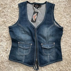 Harley Davidson Womens Denim Vest with Zipper Front Closure and Cinch Tie Back